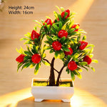 décoration intérieure arbre artificiel bonsaï pot blanc feuilles vertes fruits rouges tronc brun