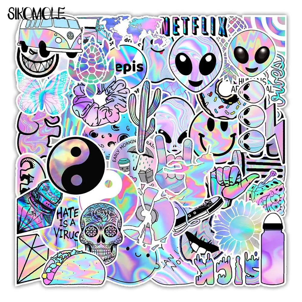 stickers holographiques assortiment violet rose bleu motifs véhicules animaux alimentos symboles personnages adhésifs