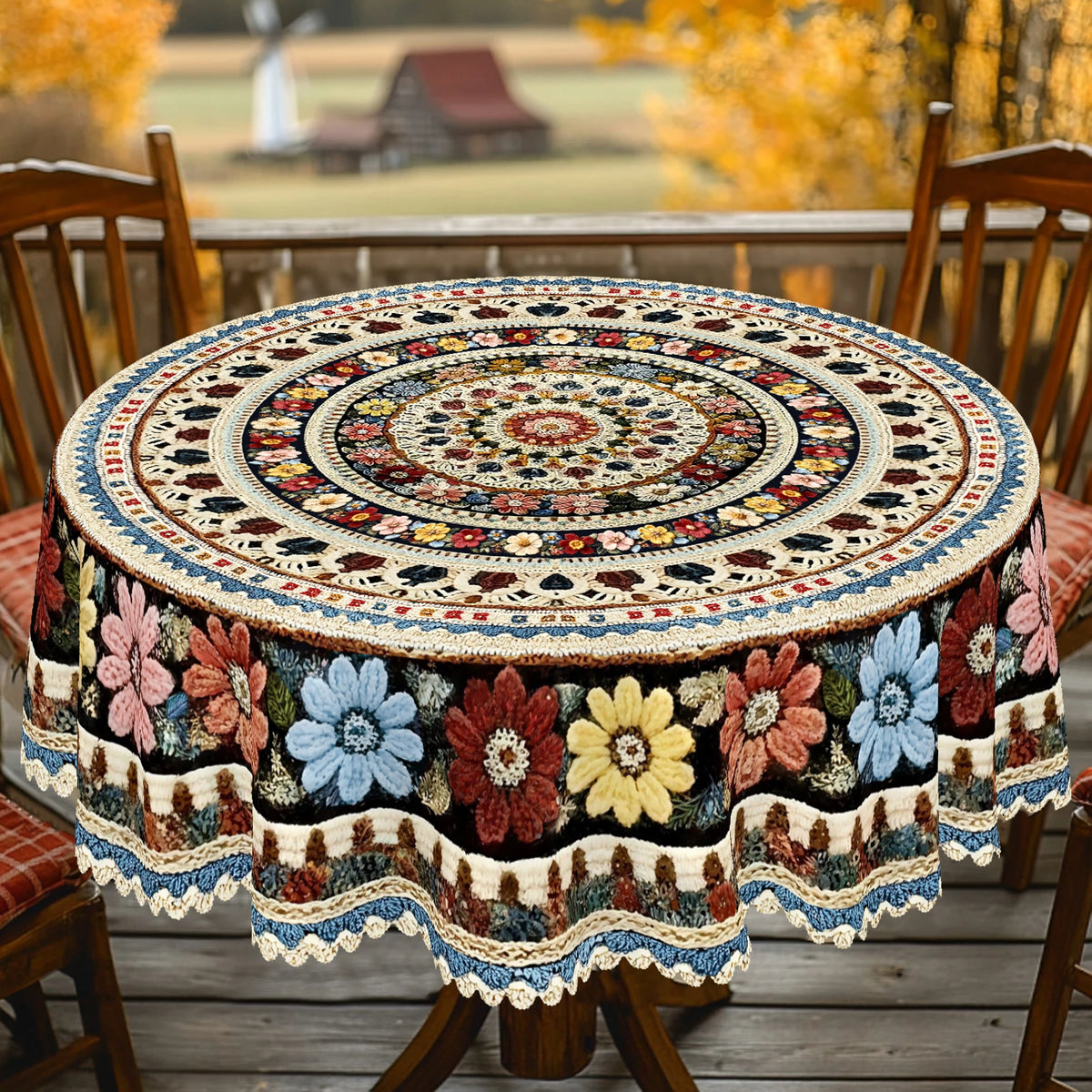 nappes bohèmes imprimées motifs floraux bordures festonnées tables rondes rectangulaires printemps été decoration maison
