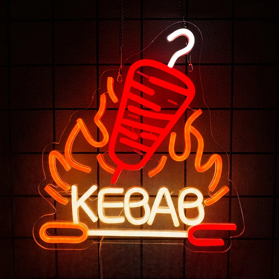 néon lumineux barbecue steak fourchette couteau flamme porc kebab rouge blanc moderne fixations murales