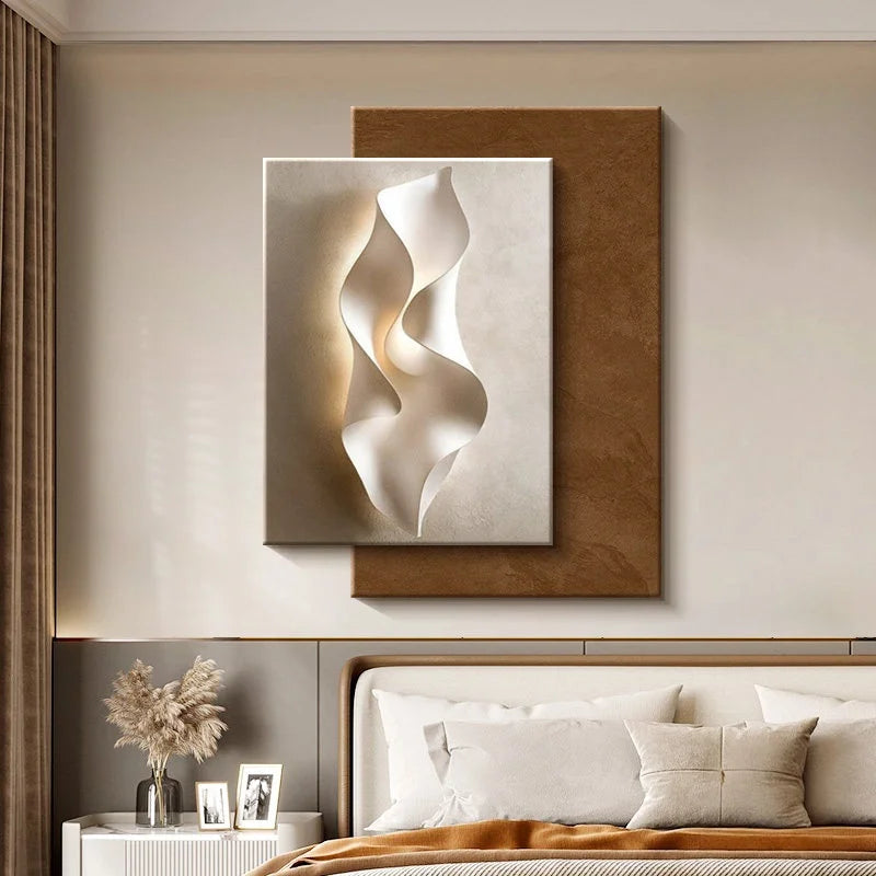 tableau abstrait contemporain mural led blanc gris marron clair ondulé mat éclairage minimaliste chambre