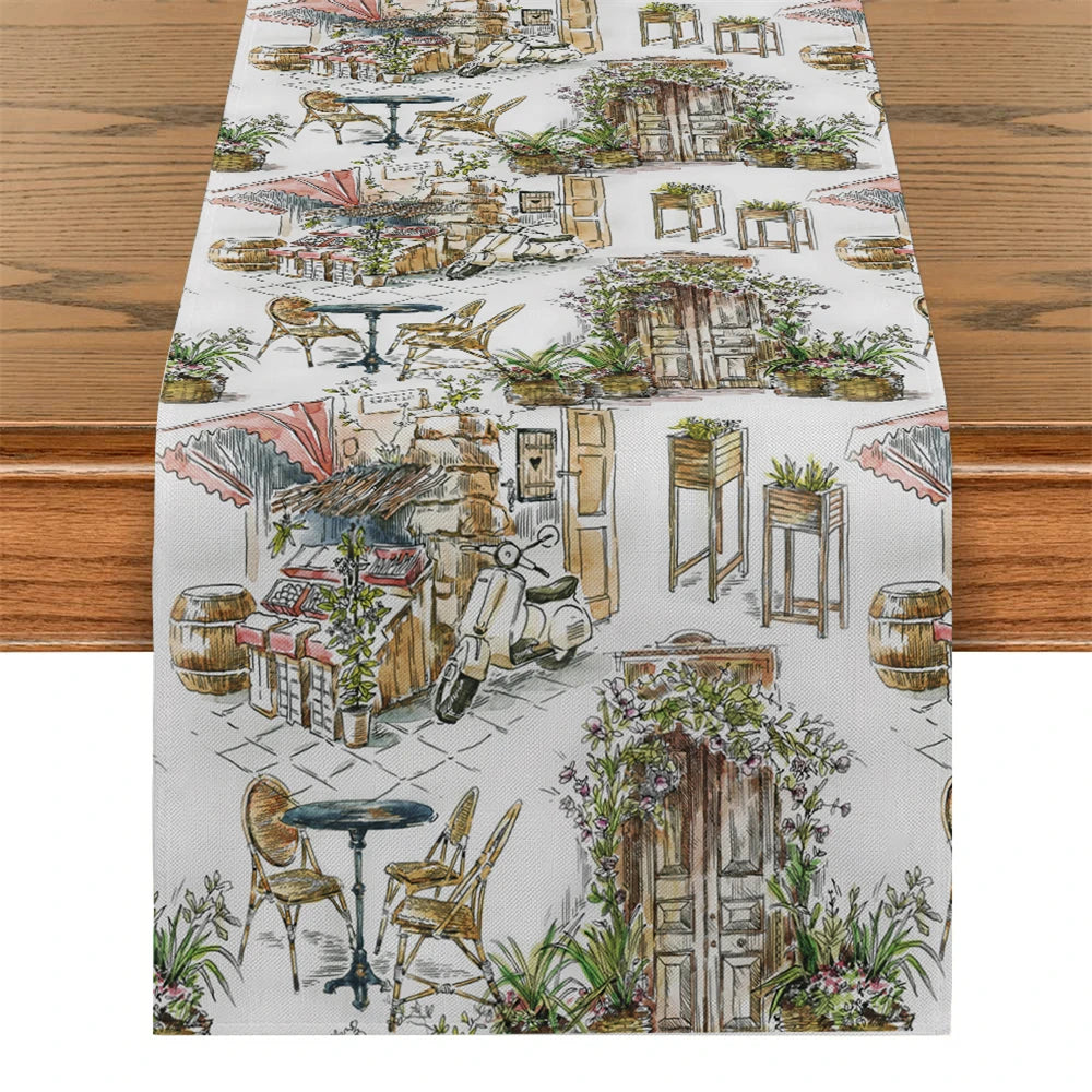 chinois table runner fleurs peinture aquarelle polyestere maison violet blanc bleu