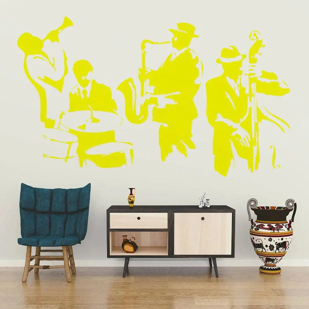 sticker mural musiciens instruments jazz noir jaune rose bleu orange artiste solide carrelage mur