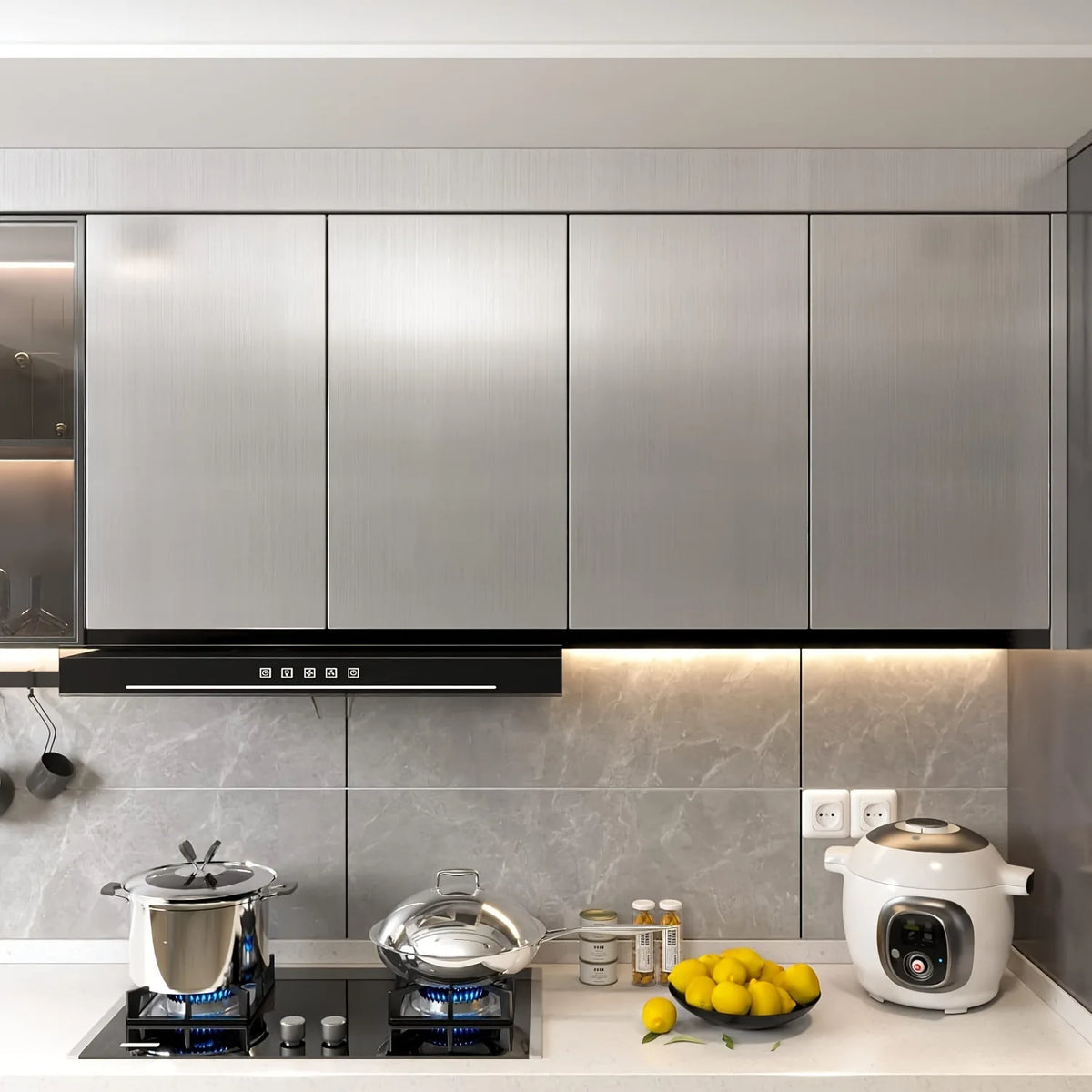 papier peint auto adhésif moderne rayures argenté mur réfrigérateur cuisine décoration