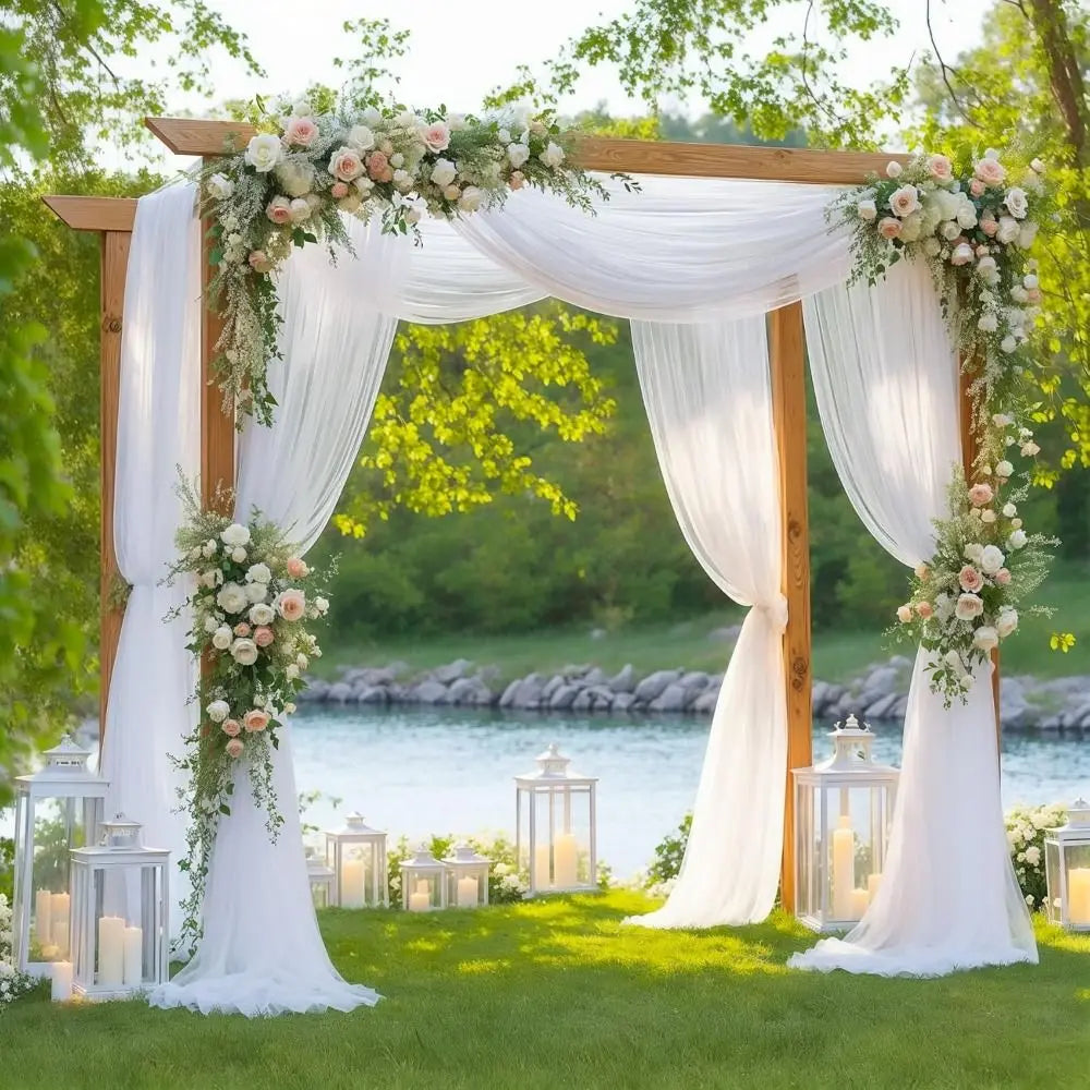 tulle soie léger blanc beige arches décoratives anniversaire mariage élégantes fleurs artificielles croix bois
