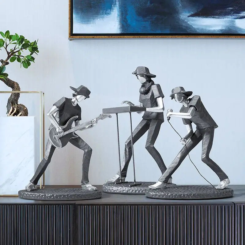 statues musiciens gris résine finition lisse moderne abstrait guitare clavier batterie ornement maison