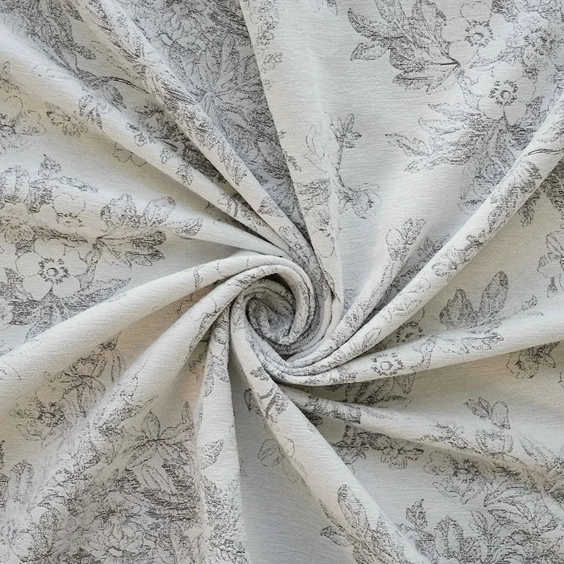 tissu polyester fleurs feuilles imprimé blanc gris classique vintage 150cm