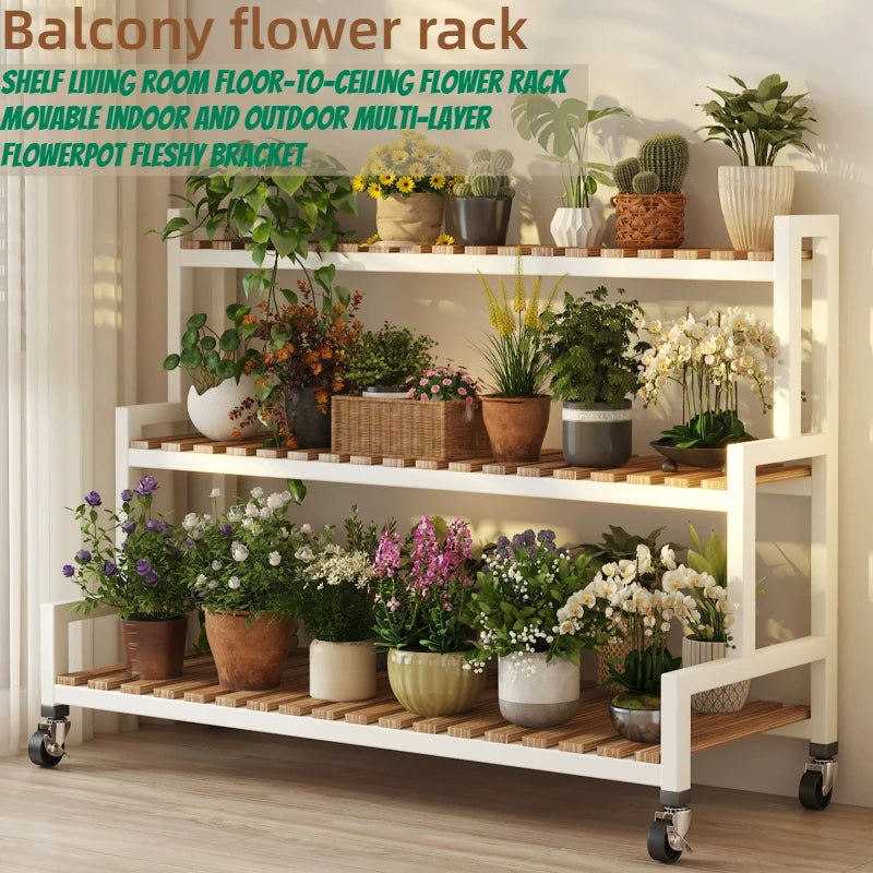 étagère fleurs mobile bois métal blanc roulettes jardin intérieur