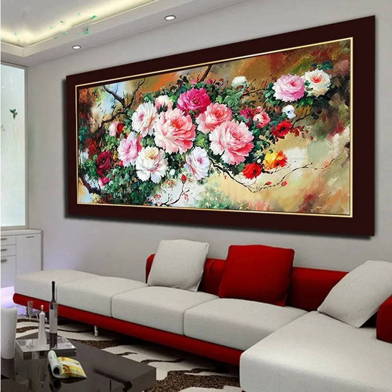 tableau peinture l'huile floral fleurs roses rouges blanches fond vert cadre noir coton 100x55cm