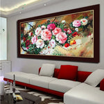 tableau peinture l'huile floral fleurs roses rouges blanches fond vert cadre noir coton 100x55cm
