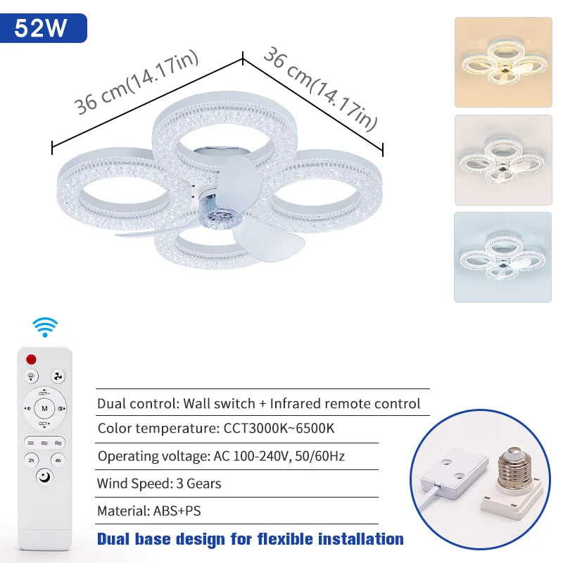 ventilateur plafonnier moderne blanc strass télécommande led vitesses minuterie lumières