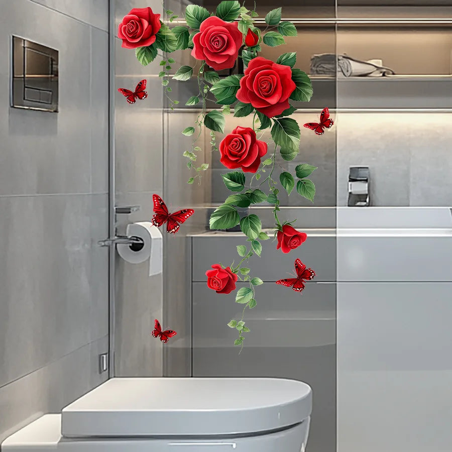 sticker mural floral roses feuilles papillons rouge vert blanc adhésif décoration intérieure chambre salon