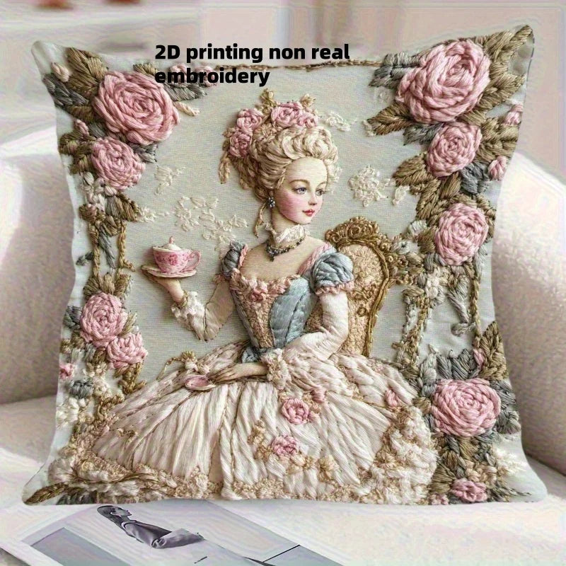 coussin vintage floral bleu clair beige rose pâle brodé femme assise polyester contemporain machine