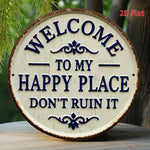 plaque décorative circulaire bois vintage blanc brun lettres bleues bordure rustique 20cm diameter
