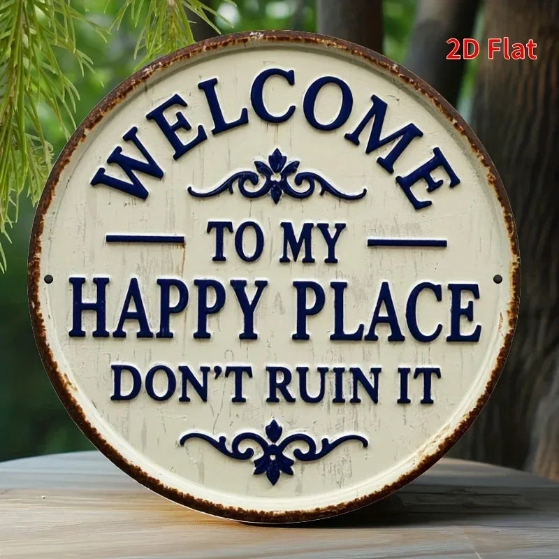 plaque décorative circulaire bois vintage blanc brun lettres bleues bordure rustique 20cm diameter