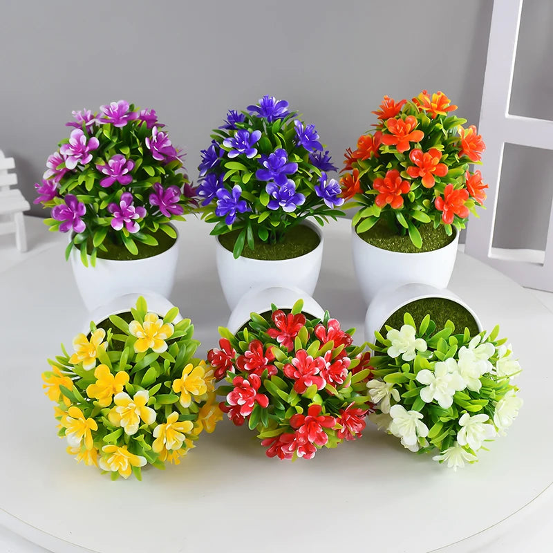 plantes artificielles bonsaï violettes rouges jaunes blanches pot blanc mousse verte décoration moderne extérieur