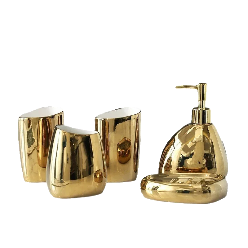 accessoires salle bain ensemble moderne or argent blanc céramique tasse brosse dentifrice savon crème