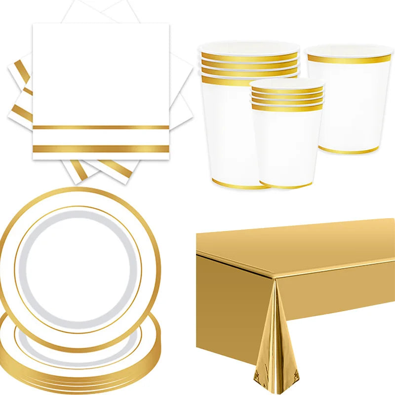 assiettes dorées blanc verres serviettes nappe mariage anniversaire fêtes occasions festives