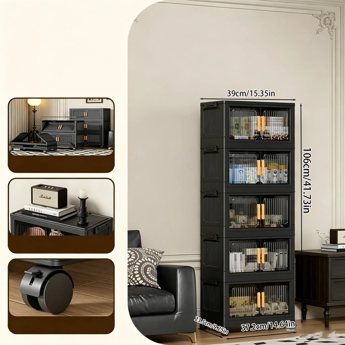 rangement modulaire meuble noir panneaux transparents poignées dorées roulettes facile assembler chambre salon cuisine