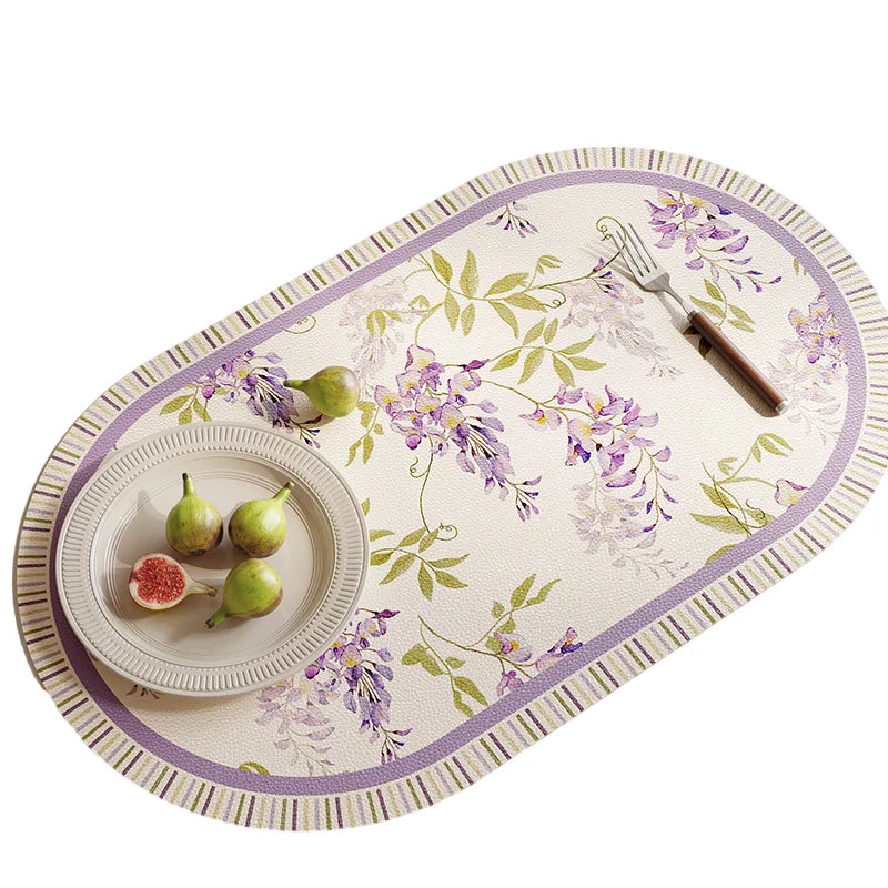 tapis table violet vert beige fleurs feuilles bordure rayée classique floral resistant pvc 30x50cm