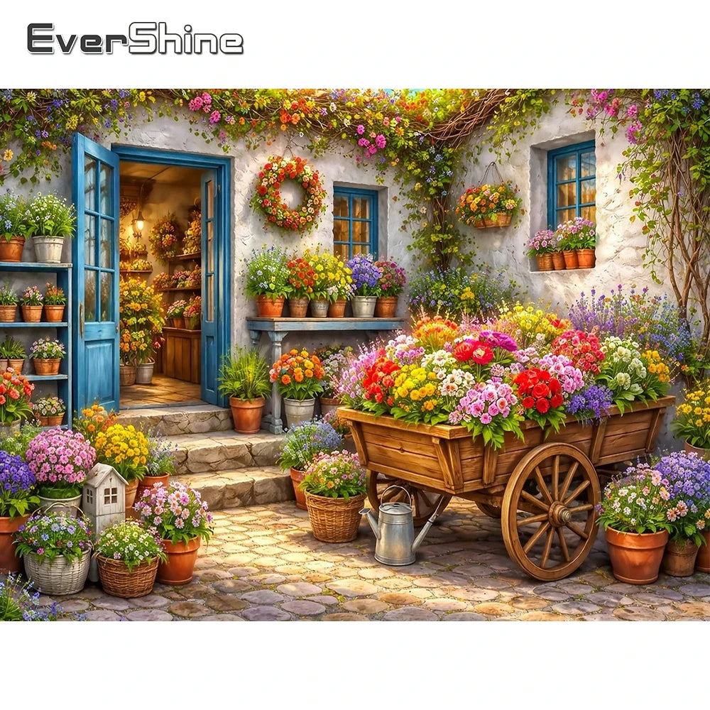 puzzle diamant multicolore maison fleurs artisanal complet diy résine opaque classique full embroidery kit