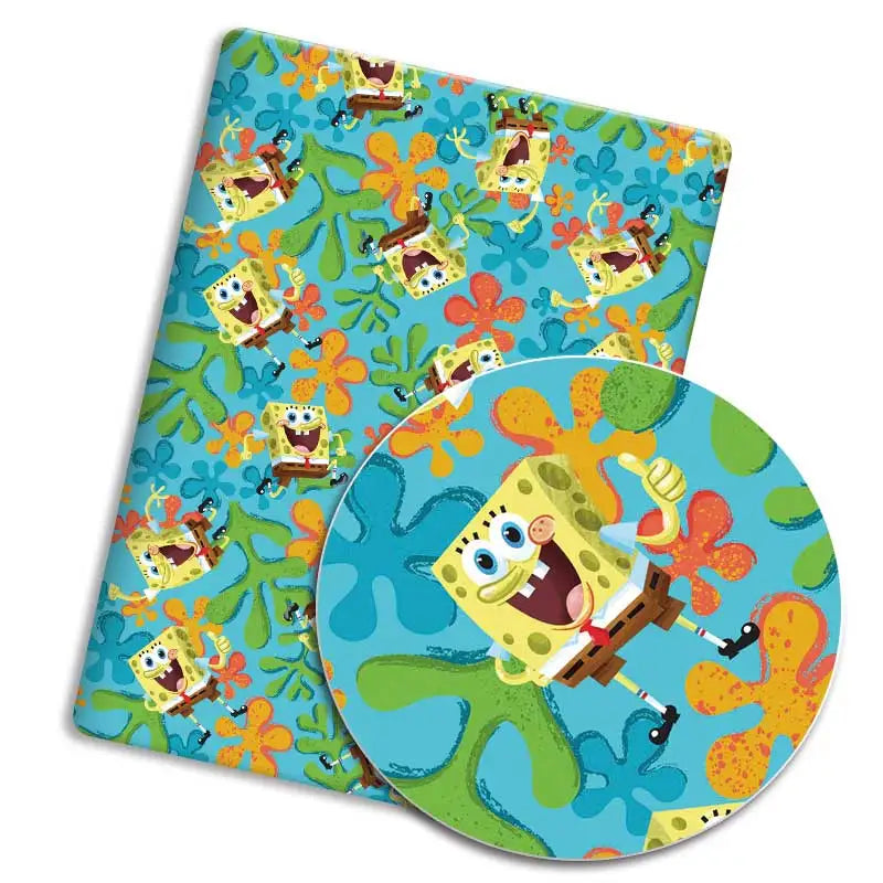 protège coussin personnages animés bob l'éponge motifs floraux lettrage bleu rose grisclair tissu polyester