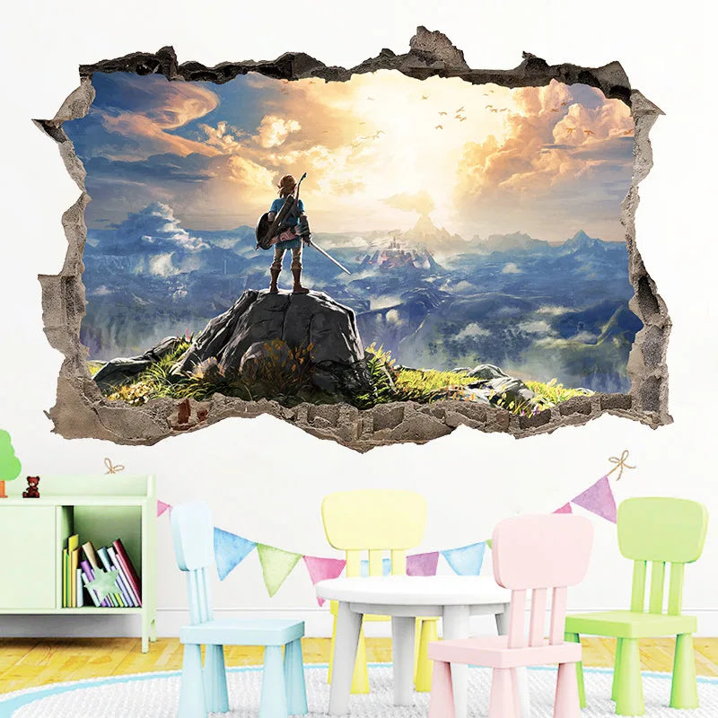 sticker mural 3d dessin animé paysages personnages fantastiques opaques adhésifs chambre bleu vert gris