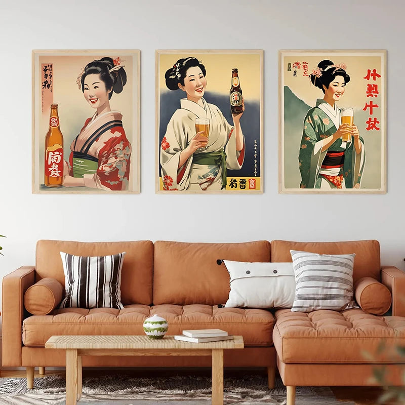affiche vintage kimono japonais paysage rétro cadre bois décoration murale restaurant izakaya toile