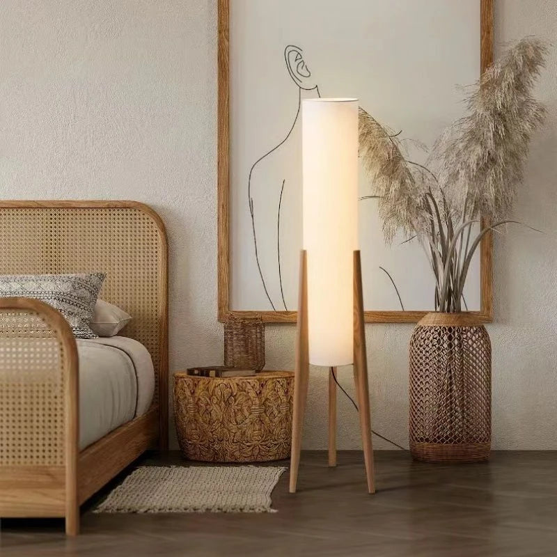 lampe sol moderne abat jour tissé pieds bois blanc ampoules led blanc bois foncé
