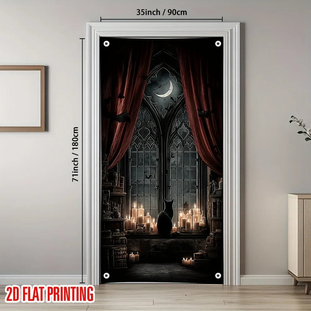 poster mural gothique halloween noir rouge gris clips fenêtres rideaux bougies