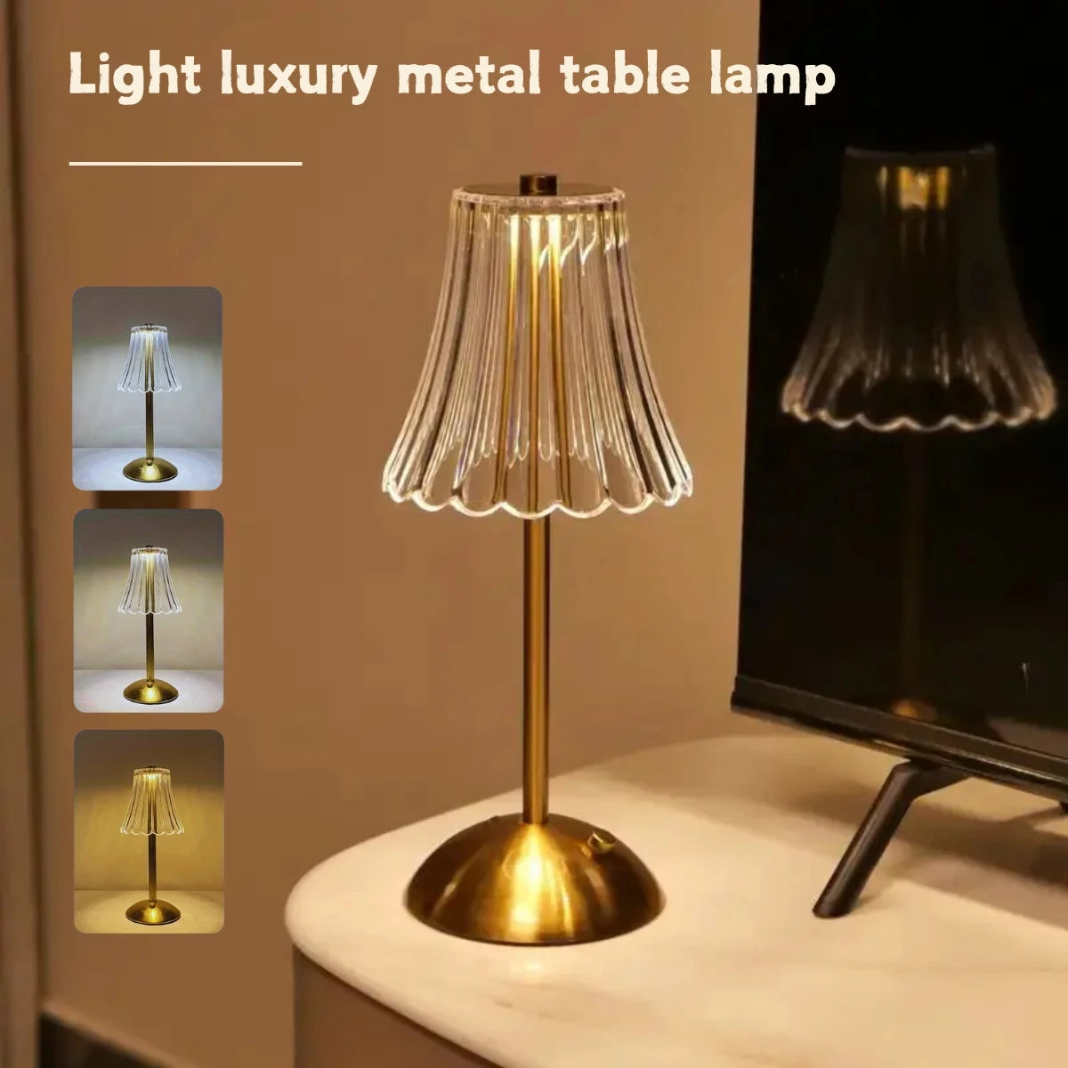 lampe table moderne or transparent rechargeable usb certification rohs fcc chambre salon ambiance chaleureuse