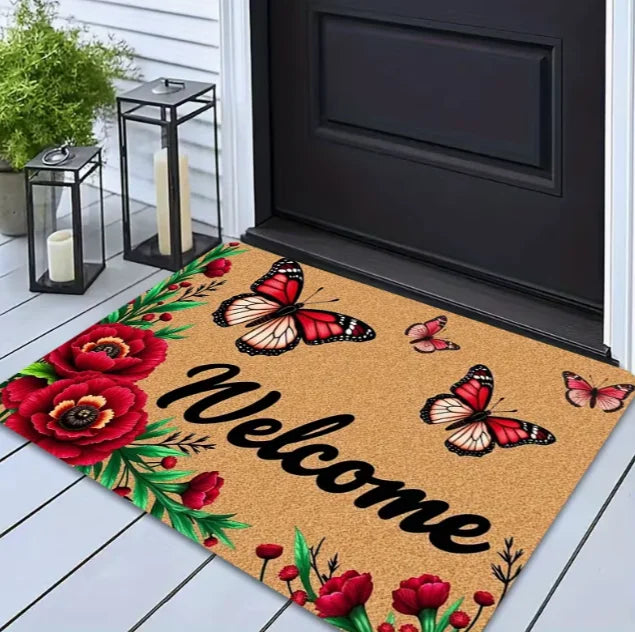 tapis d'entrée moderne papillon fleurs bienvenue noir rouge moderne