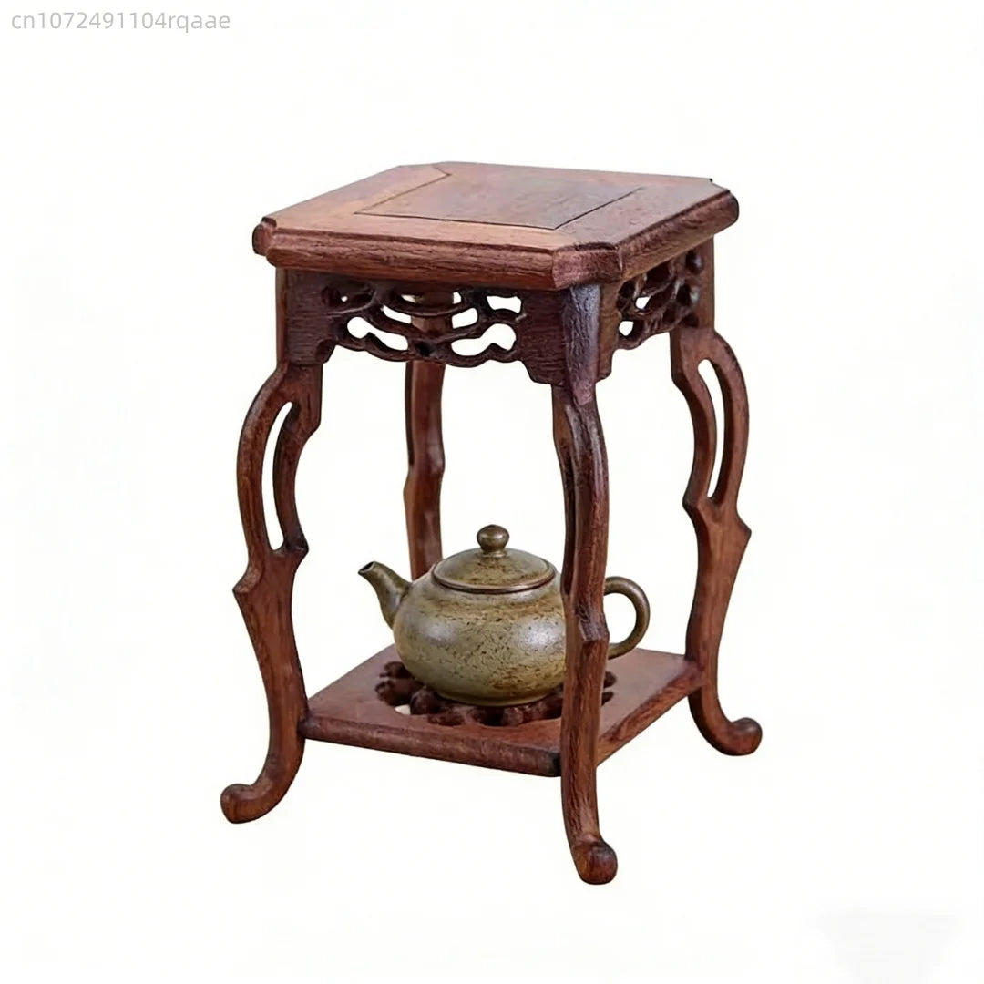 table d'appoint bois classique décor sculpté marron foncé plante pot théière branche cerisier fleurs