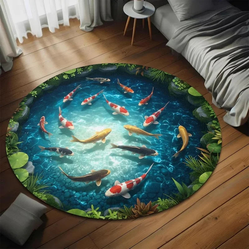 tapis rond moderne paysage aquatique poissons verte bleue noire 80x80cm 120x120cm salon chambreextérieur