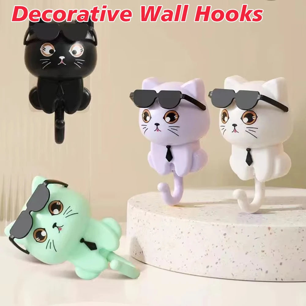 crochets muraux décoratifs chat cartoon lunettes nœud papillon adhésif mignon blanc noir violet vert