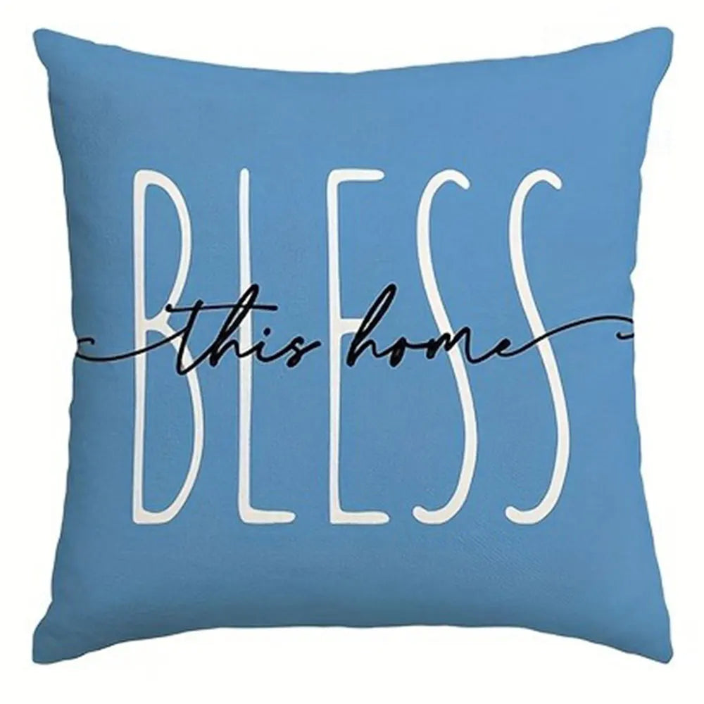 housse coussin polyester motif fleurs bleues texte chambre salon décoration moderne bleu blanc