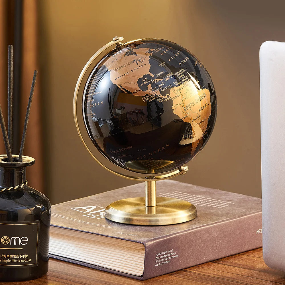 globe terrestre cartographie détaillée support métallique anneau rotatif noir doré classique élégant deco enfant