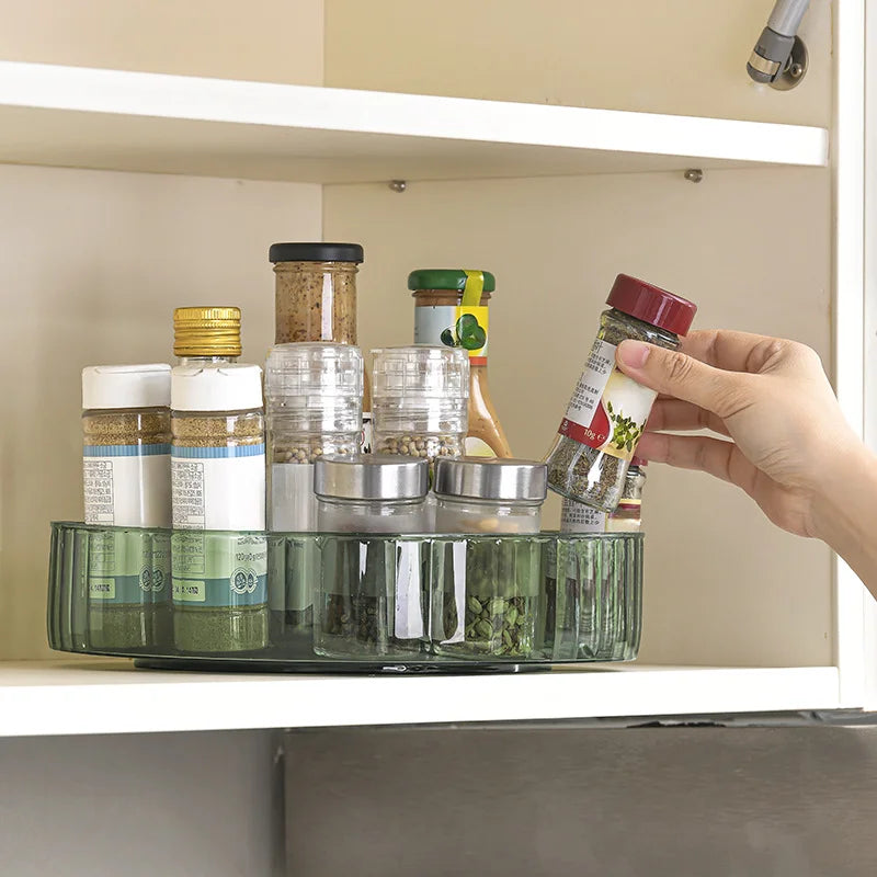 organisateur rotatif moderne transparent respectueux environnement rangement cuisine bouteilles sauces flacons poudre bocaux conserves