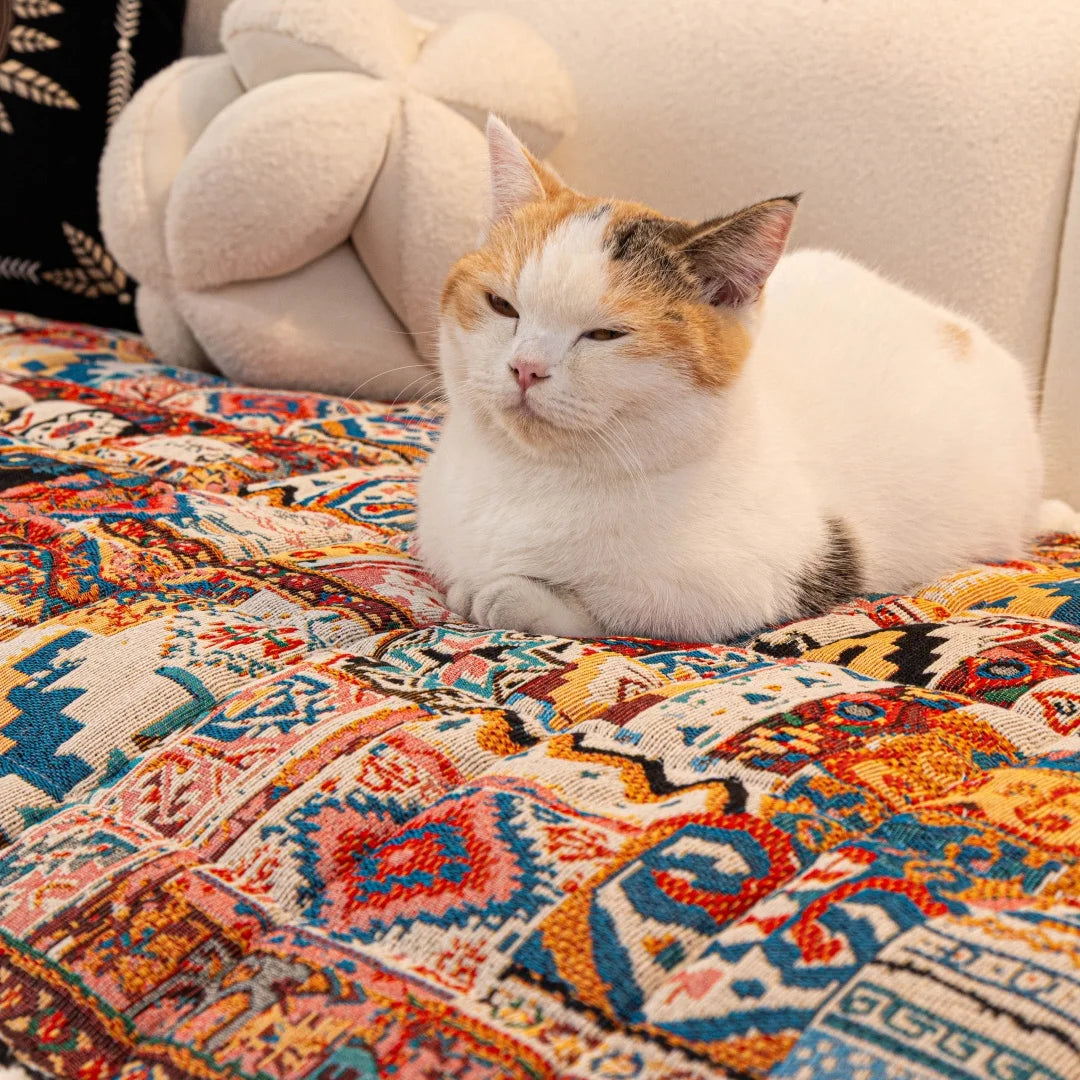 coussin canapé patchwork boho multicolore fourrure bordure épaisse coton polyester lavable printemps été salon
