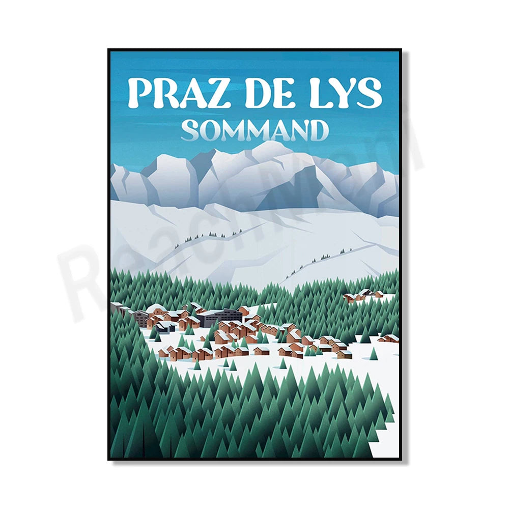 Une illustration d'un village de montagne enneigé dans un paysage de montagnes abruptes et de forêts verdoyantes, avec le texte "Praz de Lys Sommand" en premier plan.
