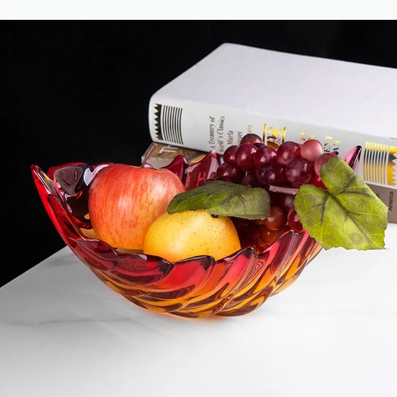 bol moderne plateau service assiettes fruits verre opalescent rayures ondulées couleurs vives deco cuisine