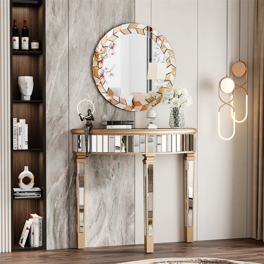 Élégante console en métal doré avec un miroir rond orné de motifs floraux, offrant un espace de rangement et de mise en valeur d'objets décoratifs dans un intérieur moderne et sophistiqué.