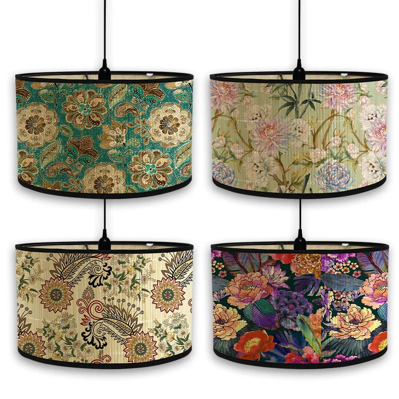 abat jour vintage bambou imprimé floral boho chic décoration maison art déco