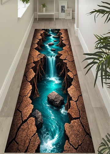 tapis moderne antidérapant paysage marin rochers floral bleu vert brun