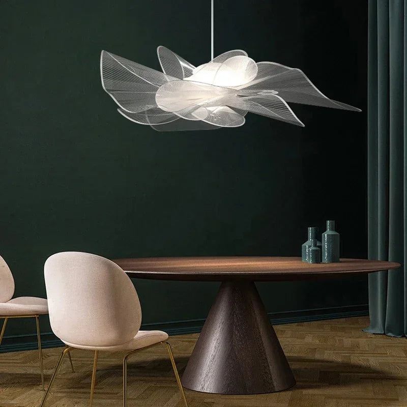 Suspension lumineuse moderne ampoules led blanc gris foncé floral abstraite semi transparente 72cm