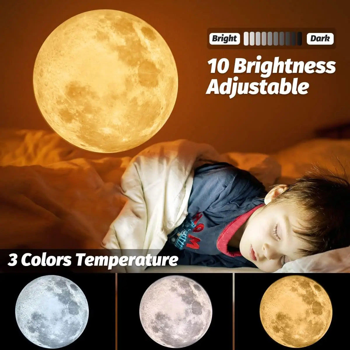projecteur lune texture lunaire blanc beige gris moderne trépied interrupteur usb câble lumière nocturne