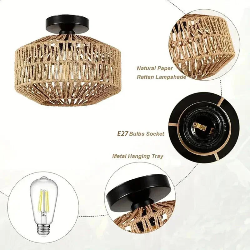 lampe suspendue moderne marron clair tressée naturelle abat jour rotin support métallique noir cuisine