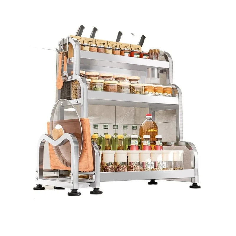 étagère cuisine métal argenté support couteaux bocaux épices rangement comptoir