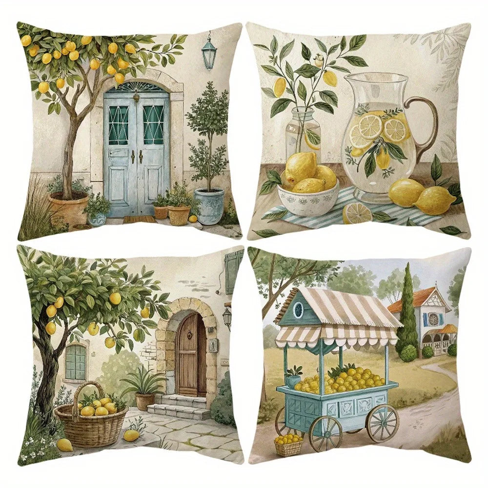 taies d'oreiller jacquard citron motif arbres fruitiers vintage coton polyester douces confortables