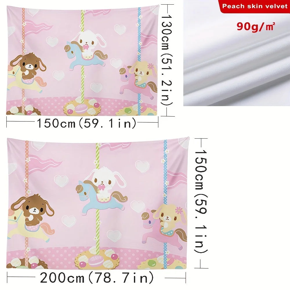 tapisserie animaux carrousel rose clair beige bleu illustration douce enfant clips magnétiques 150x130cm 150x200cm